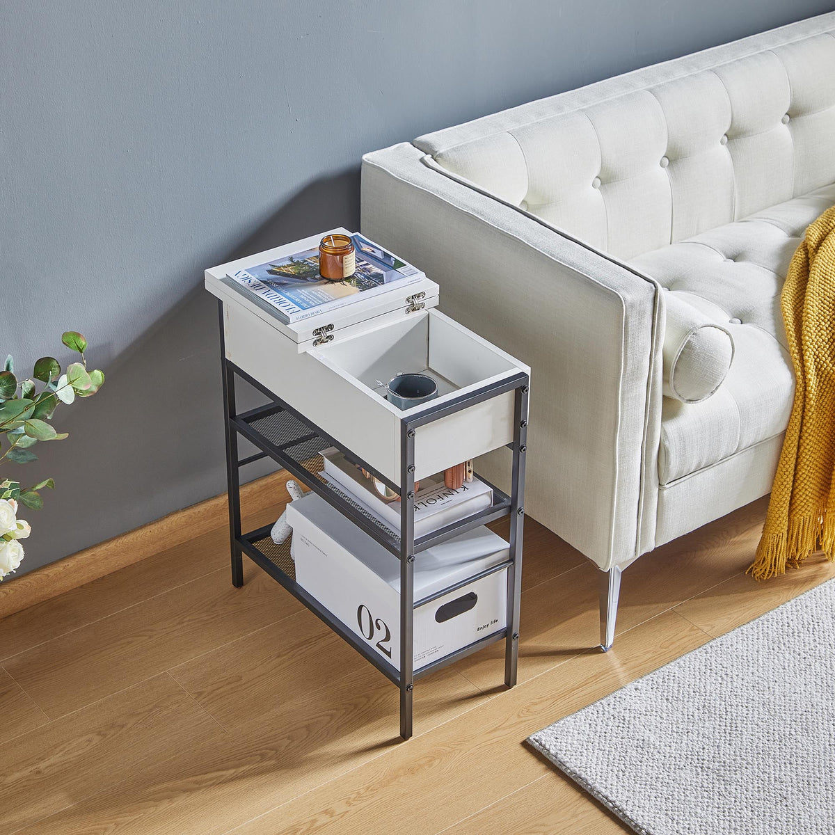White Flip Top Side Table with Charging Station and Storage Shelves V9893
