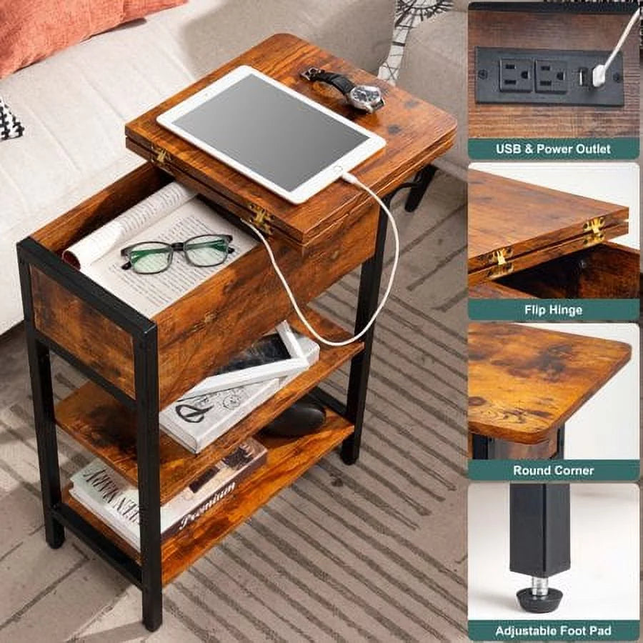 End Table with Charging Station, Flip Top Side Table with USB Ports and Outlets Q7776