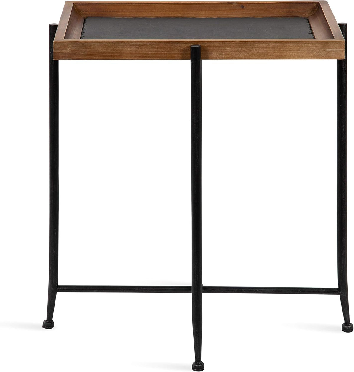 Industrial Modern Wood and Slate Side Accent Table with Black Iron Metal Base X7915