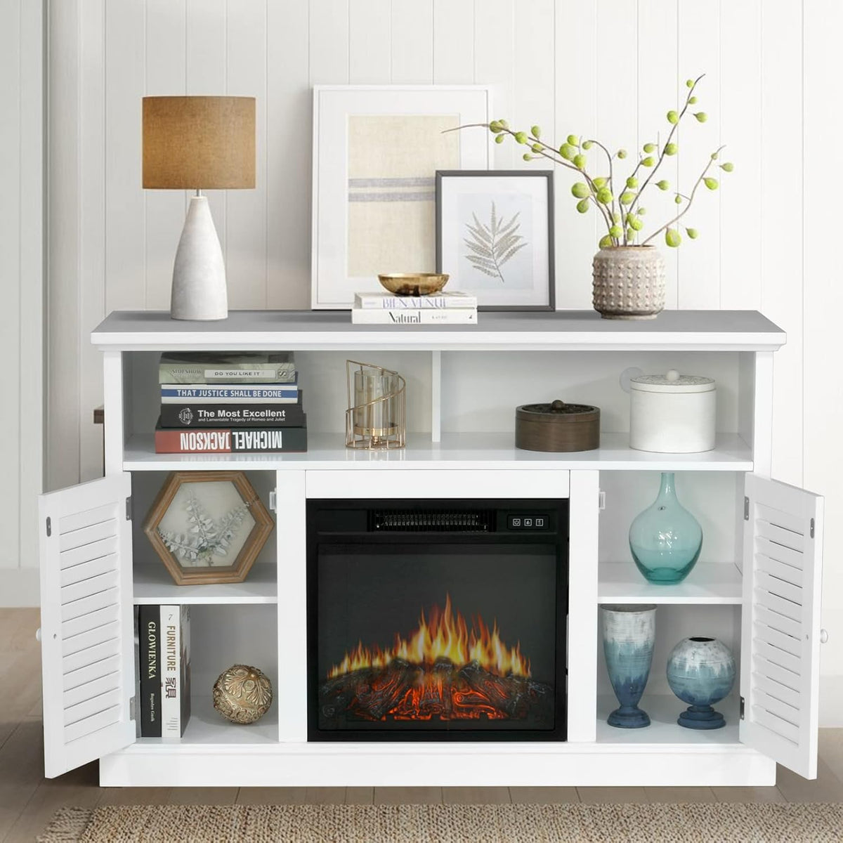 Electric Fireplace TV Stand for TVs Up to 65 with Barn Door Storage Cabinet C483222