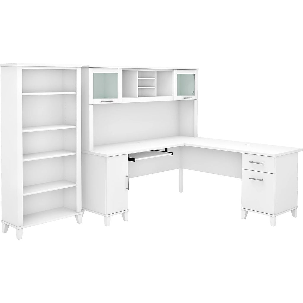 White L Shaped Desk with Hutch and Bookcase T837