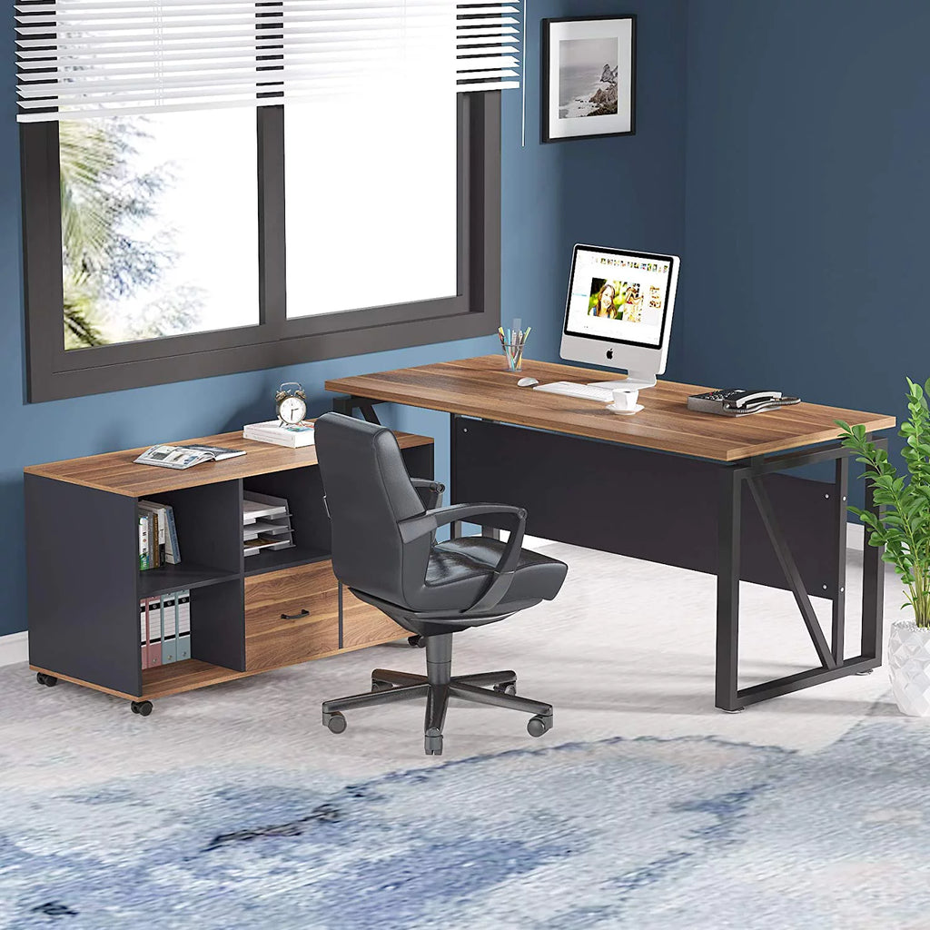 L-Shaped Computer Desk with File Cabinet and Storage Shelves I410