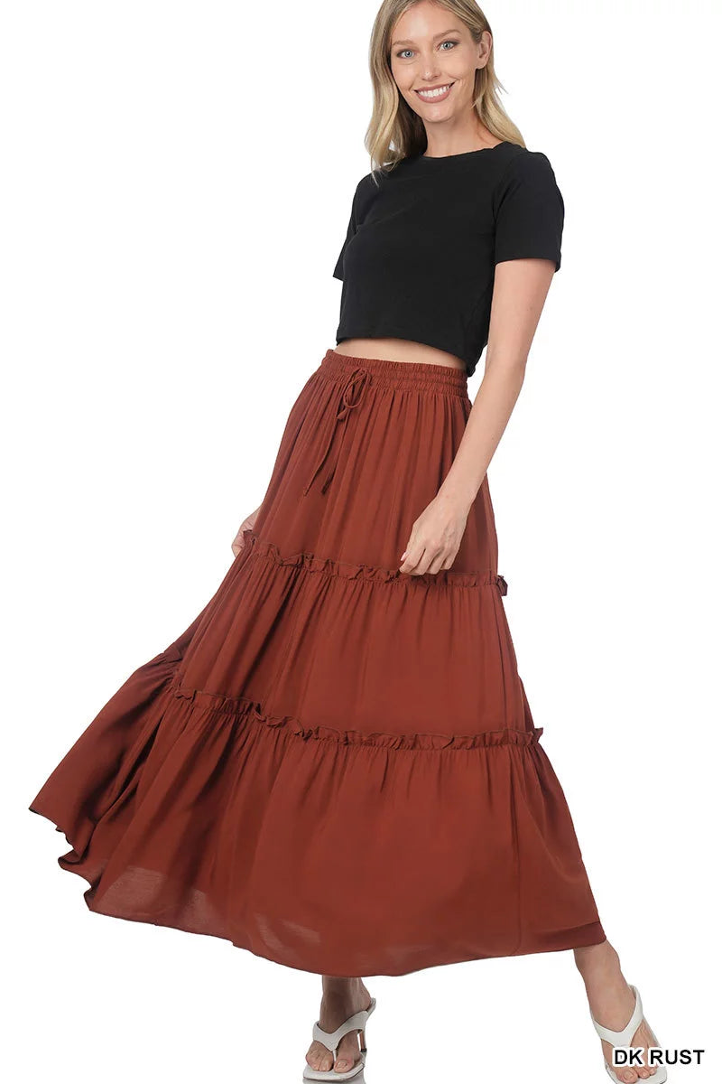 Boho Elastic Drawstring Waist Tiered Ruffle A-Line Woven Maxi Skirt N81909