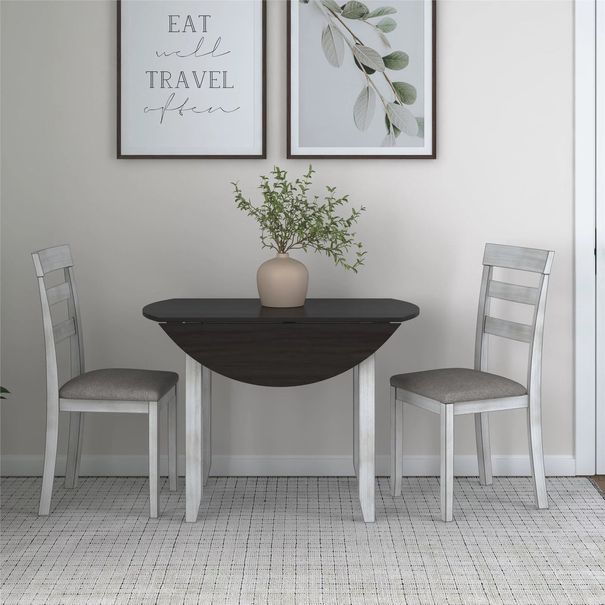 3-Piece Drop Leaf Wood Dining Set with Round Table and 2 Chairs I100220