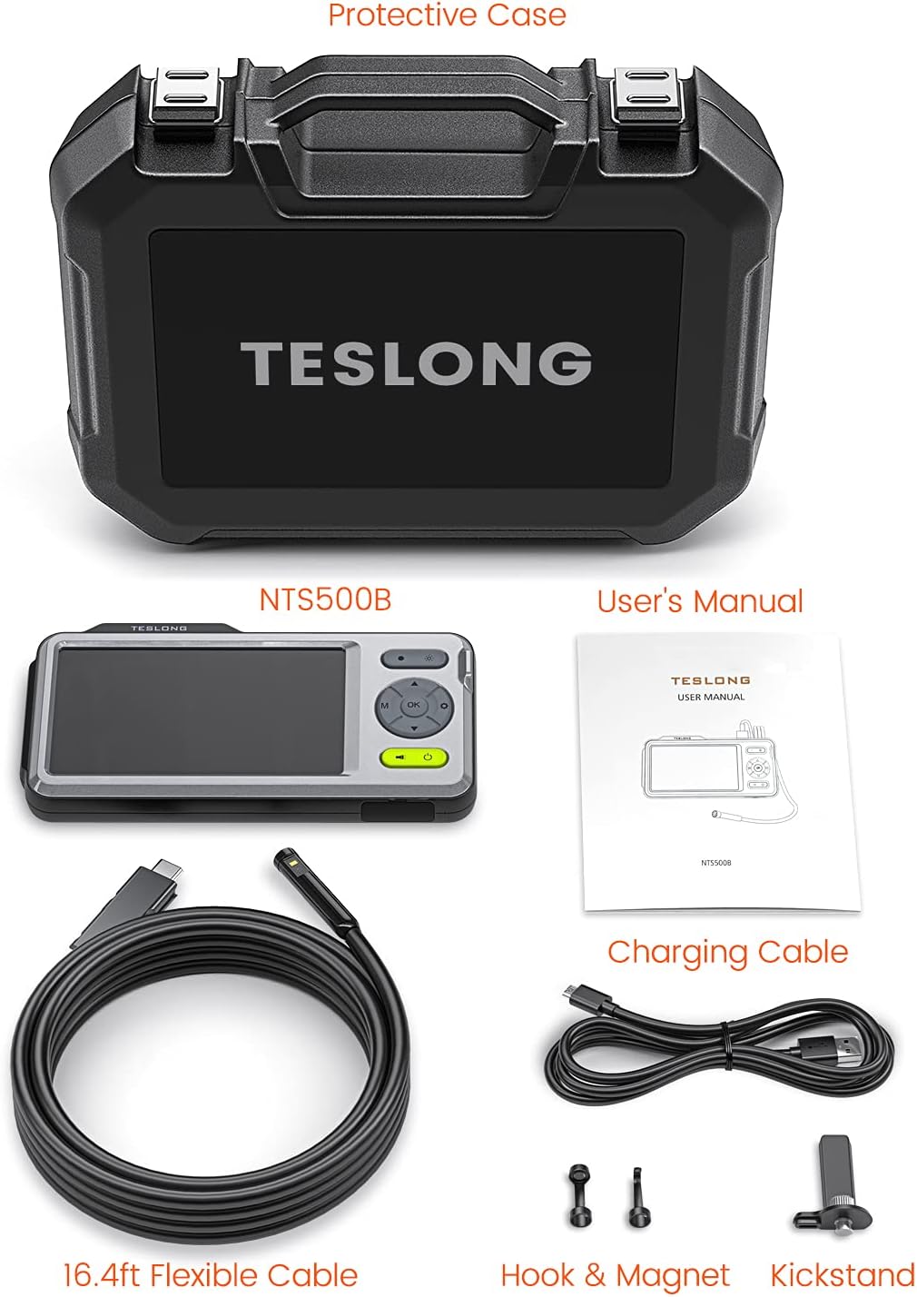 Triple Lens Inspection Camera, HD Waterproof Borescope with Light, 5 IPS Screen, 16.4ft Flexible Cable J82850