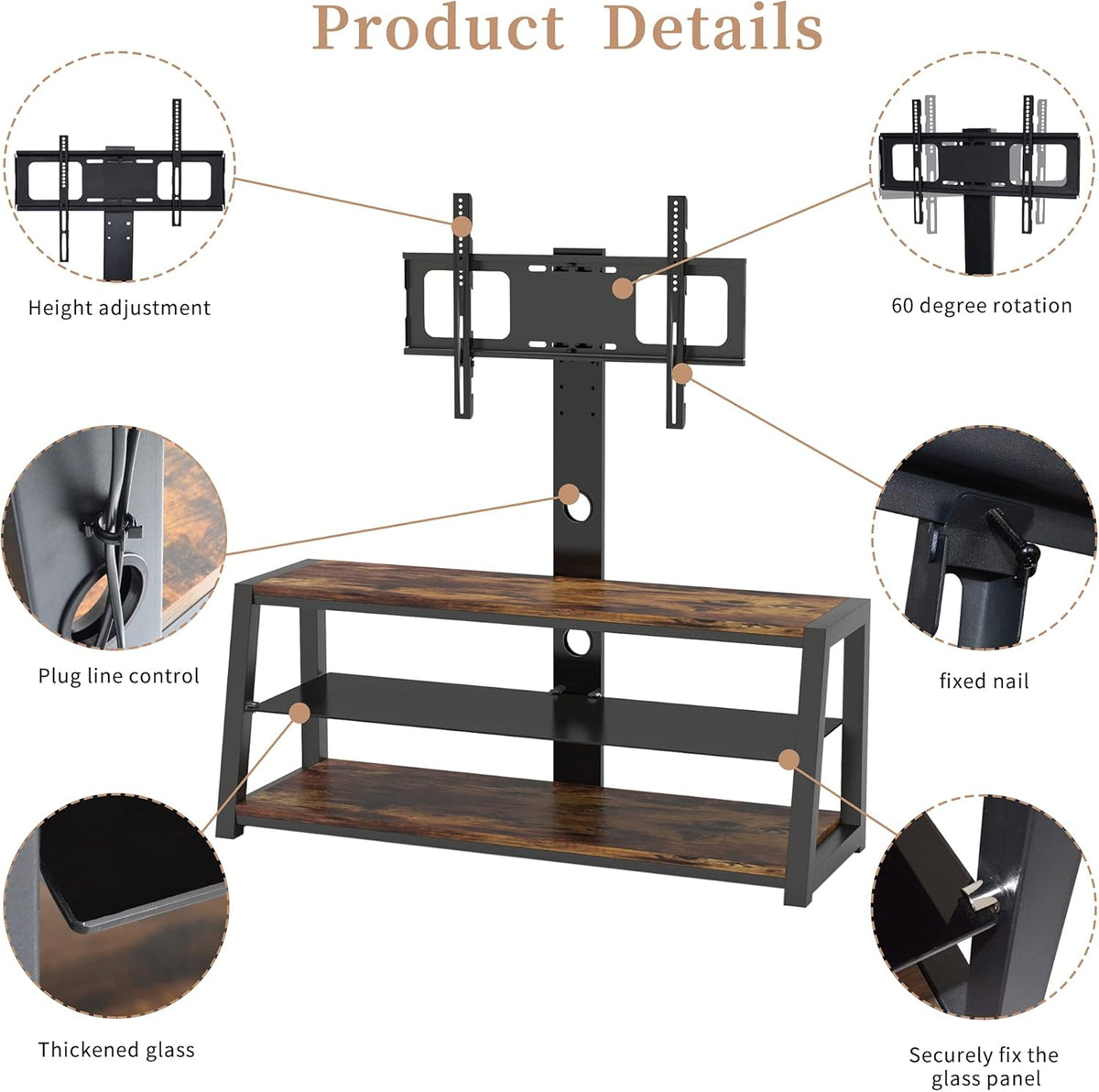 Angle and Height Adjustable Swivel TV Stand with Shelves K78920