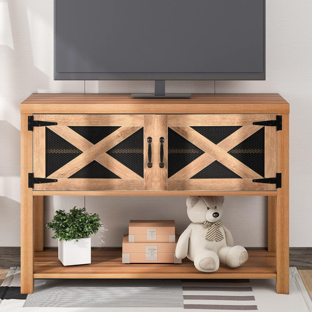44 inch Rustic Console Table with Storage Cabinets and Bottom Shelf D95703