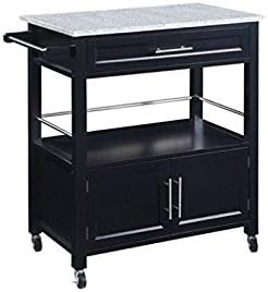Pine Wood Rolling Kitchen Island Cart with Granite Top in Black D2099