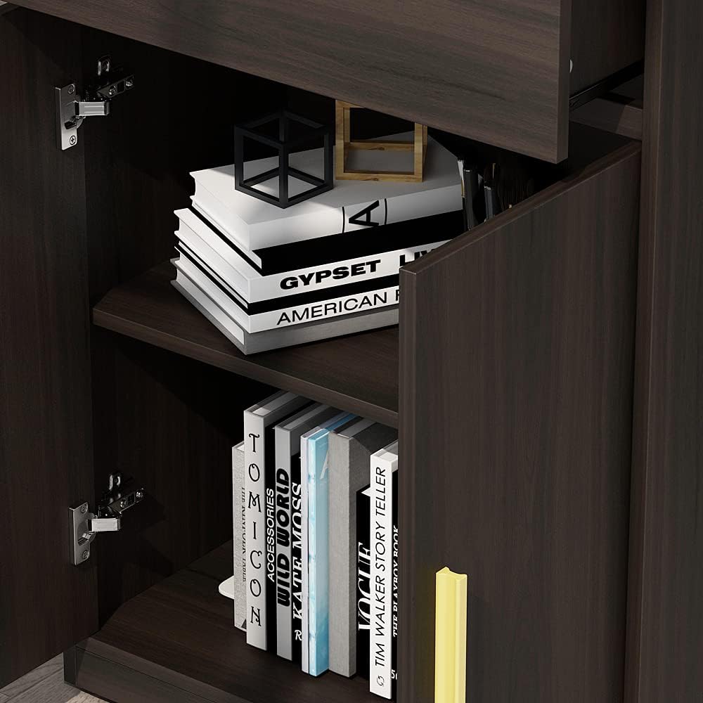 Black-Brown 3 Tier Wooden Bookcase Storage Cabinet with 2 Doors and 1 Drawer W6875