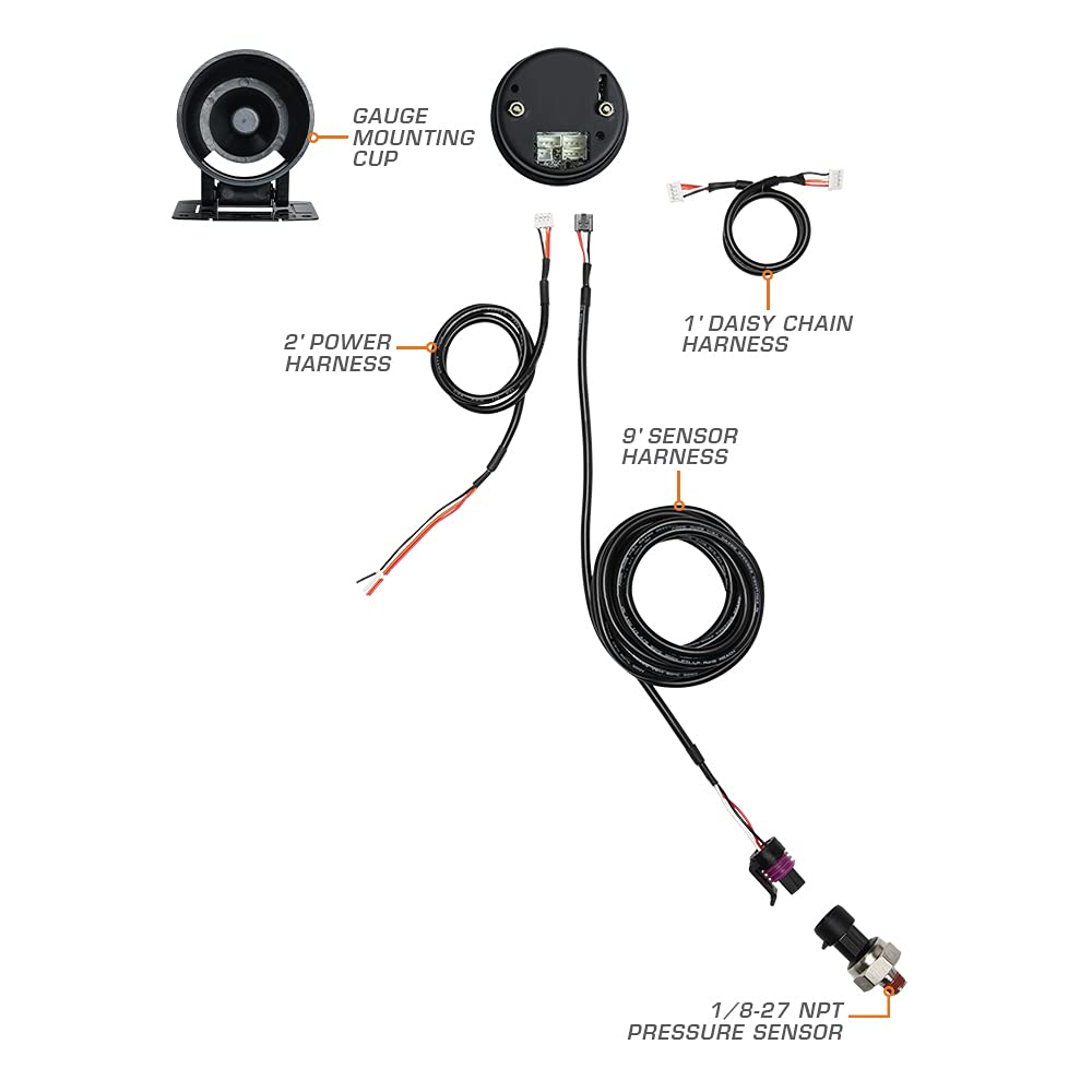 1,600 PSI Nitrous Pressure Gauge Kit - Black Dial - 2-1/16 52mm T403