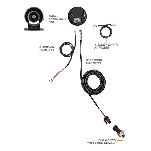 1,600 PSI Nitrous Pressure Gauge Kit - Black Dial - 2-1/16 52mm T403