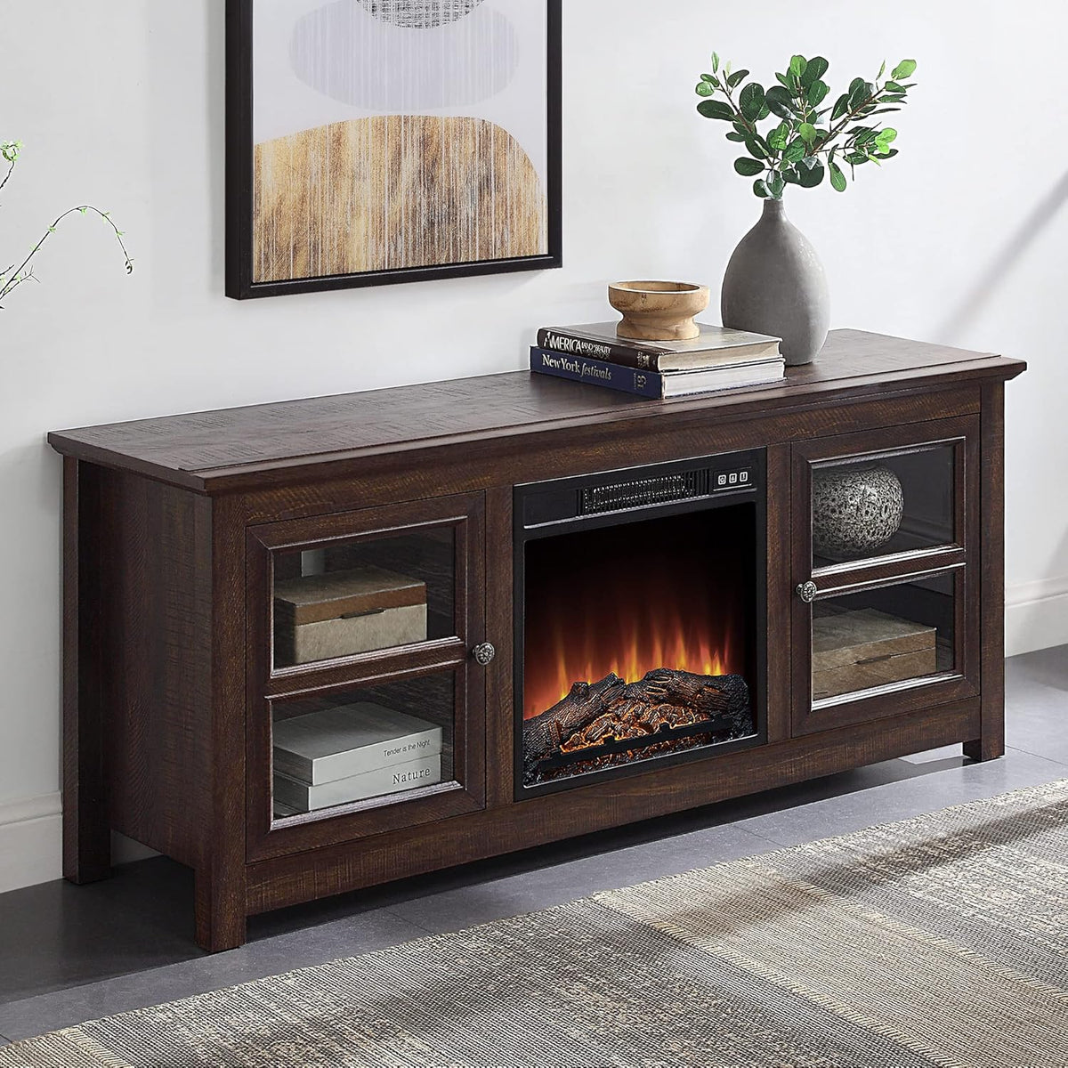 Electric Fireplace TV Stand for TVs up to 55 Inch with Storage Shelves R358