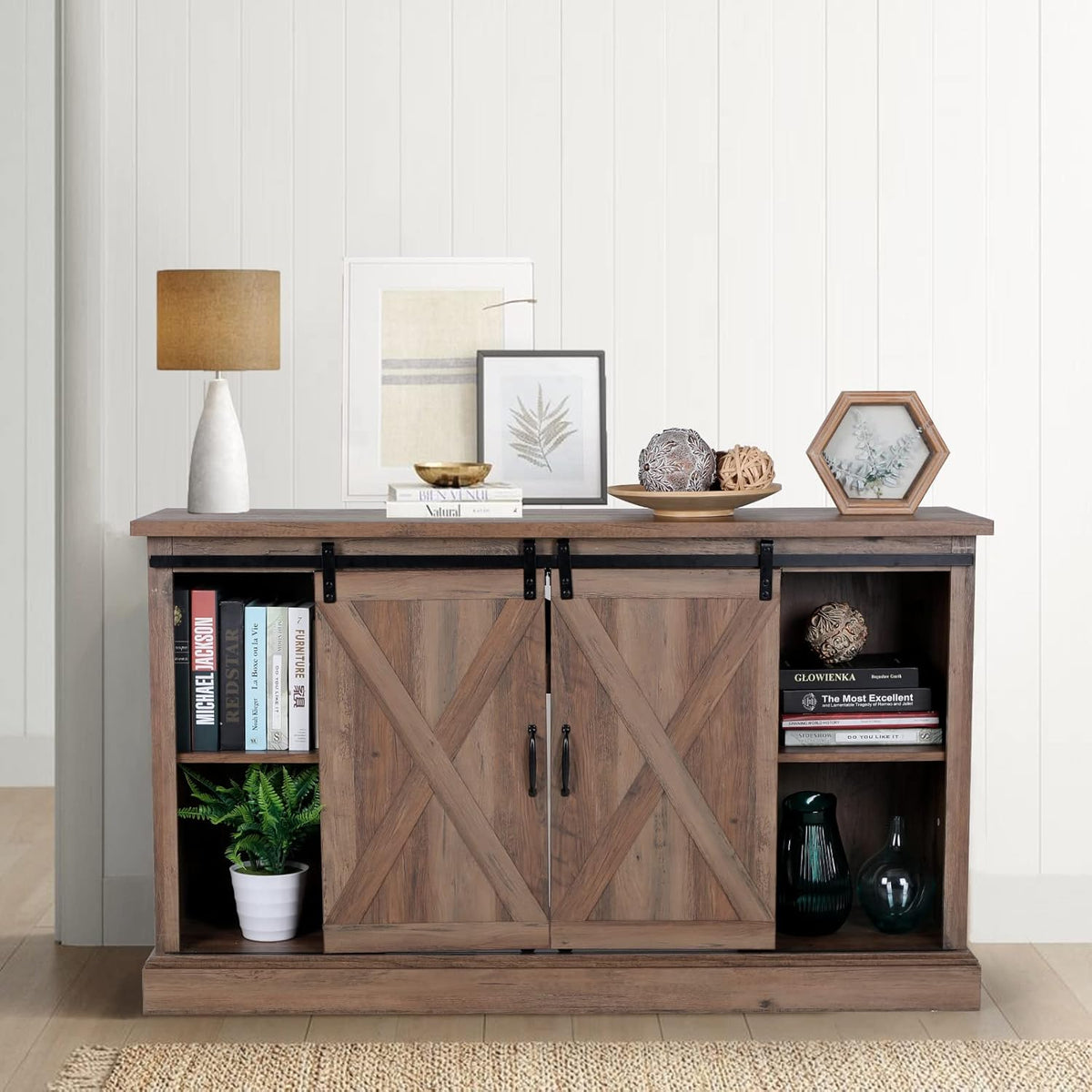 Electric Fireplace TV Stand for TVs Up to 65 with Barn Door Storage Cabinet C483222
