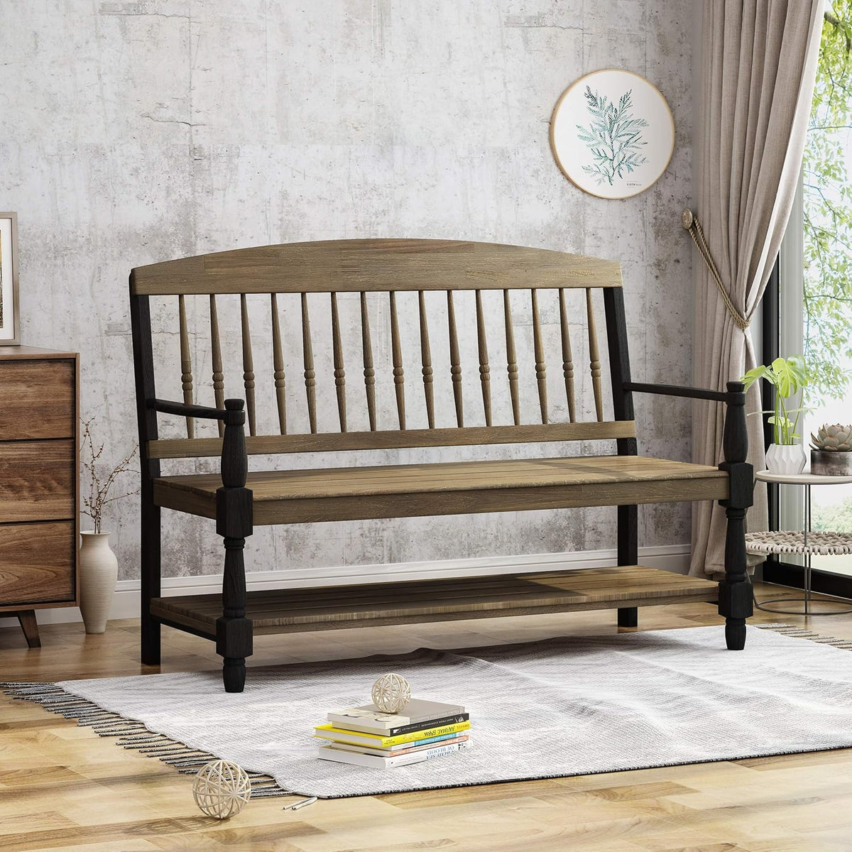 Gray and Black Acacia Wood Bench with Shelf U699124
