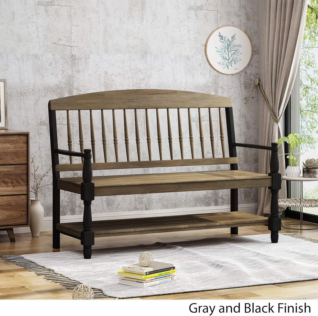 Gray and Black Acacia Wood Bench with Shelf U699124