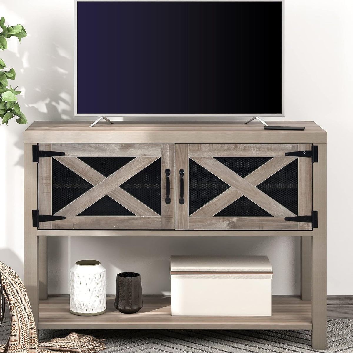 44 inch Rustic Console Table with Storage Cabinets and Bottom Shelf D95703