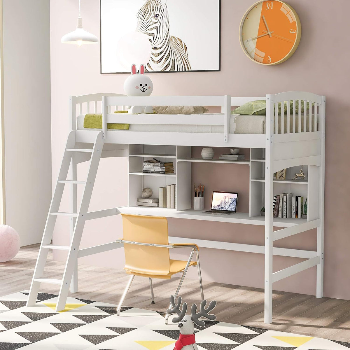 Twin Size Solid Wood Loft Bed with Desk and Storage Shelves A955