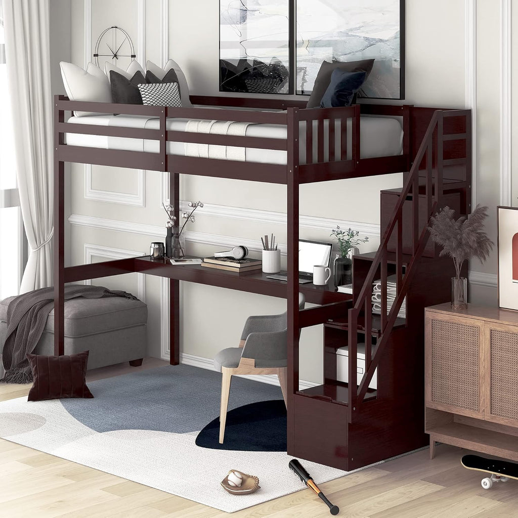 Twin Size Solid Wood Loft Bed with Desk and Storage Shelves A955