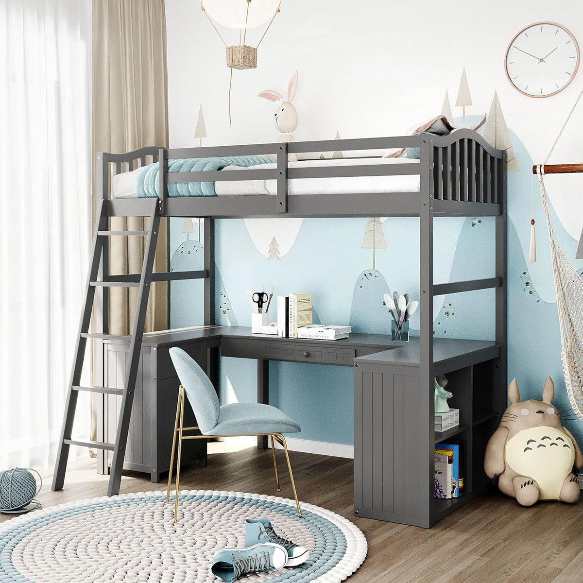 Twin Size Solid Wood Loft Bed with Desk and Storage Shelves A955