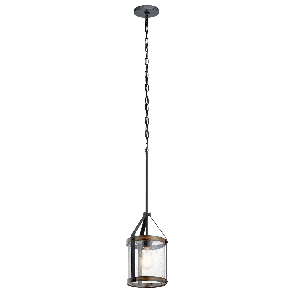 Distressed Black and Wood Seeded Glass Mini Pendant Light U7626