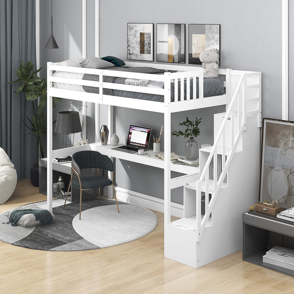 Twin Size Solid Wood Loft Bed with Desk and Storage Shelves A955