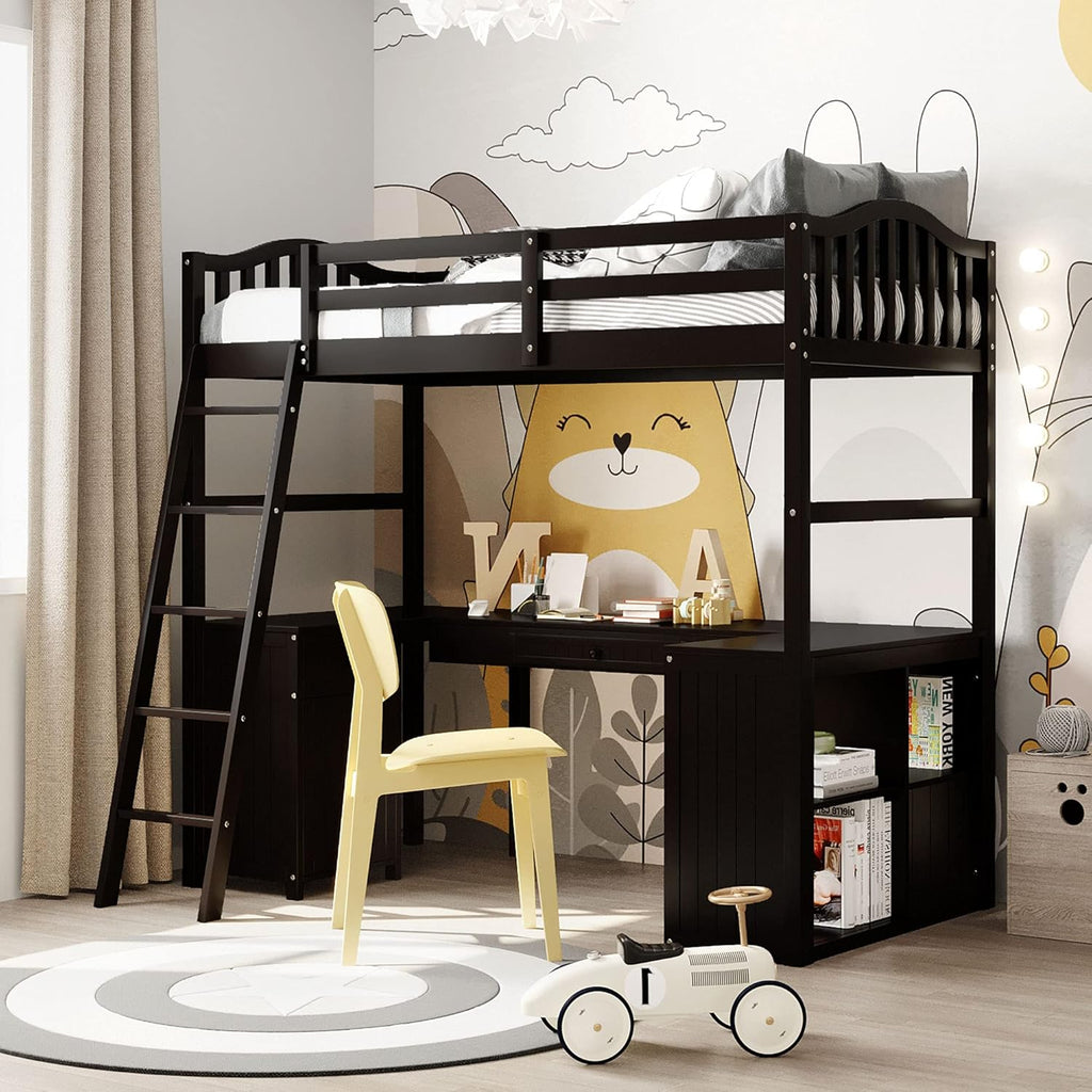 Twin Size Solid Wood Loft Bed with Desk and Storage Shelves A955