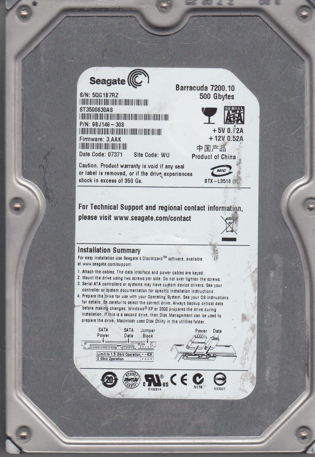 500GB SATA 3.5 Hard Drive D957459
