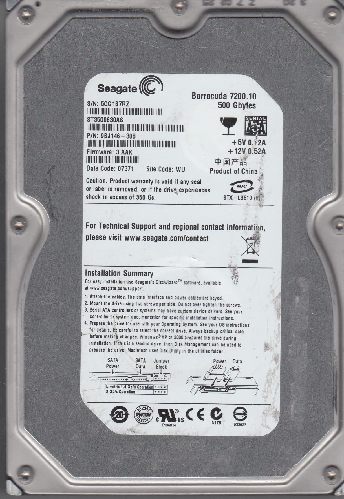 500GB SATA 3.5 Hard Drive D957459