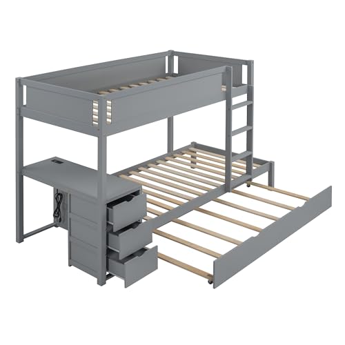 White Wood Twin Over Twin Bunk Bed with Trundle E55790