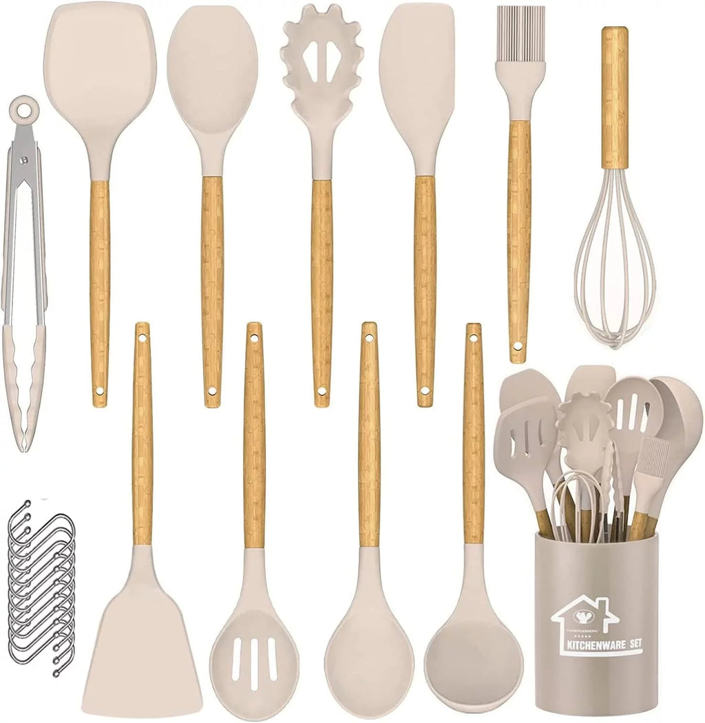 22 Piece Non-Stick Kitchen Utensils Set with Holder Wooden Handle J126
