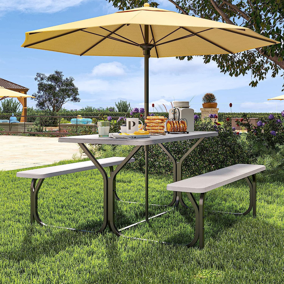 6 ft Picnic Table Bench Set with Umbrella Hole J7676