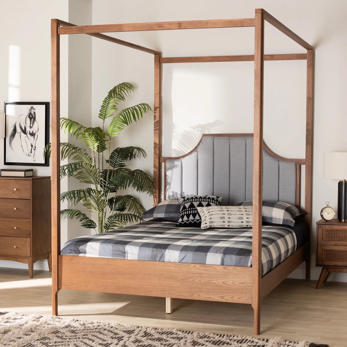 Ash Walnut Finished Wood Queen Size Canopy Bed V162