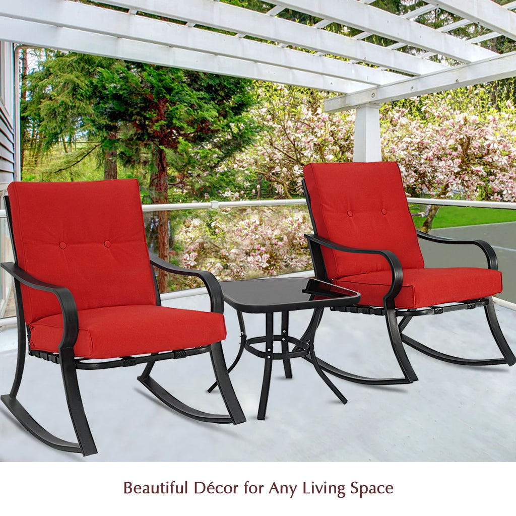 3-Piece Black Metal Rocking Chairs and Table with Brown Cushions K935015
