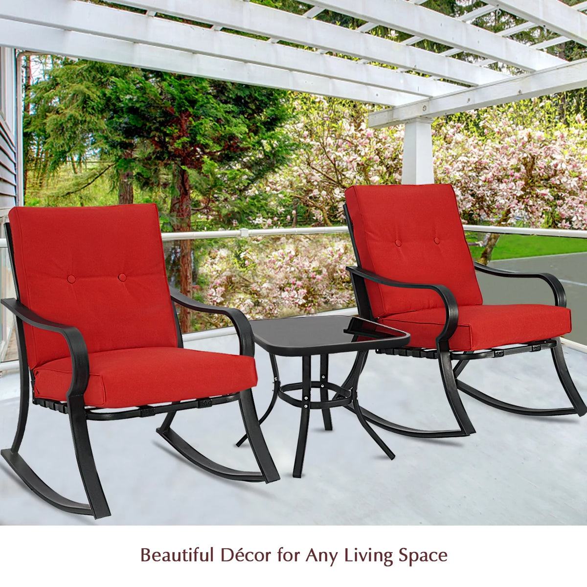 3-Piece Black Metal Rocking Chairs and Table with Brown Cushions K935015