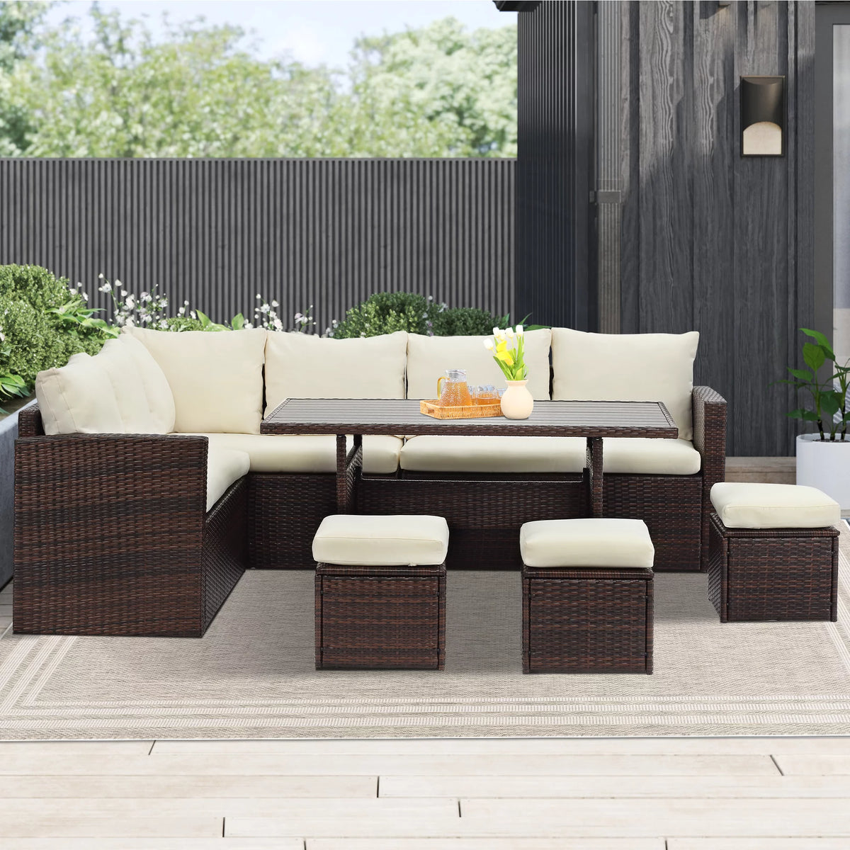 7 Piece All Weather Wicker Patio Furniture Set with Ottoman E45409