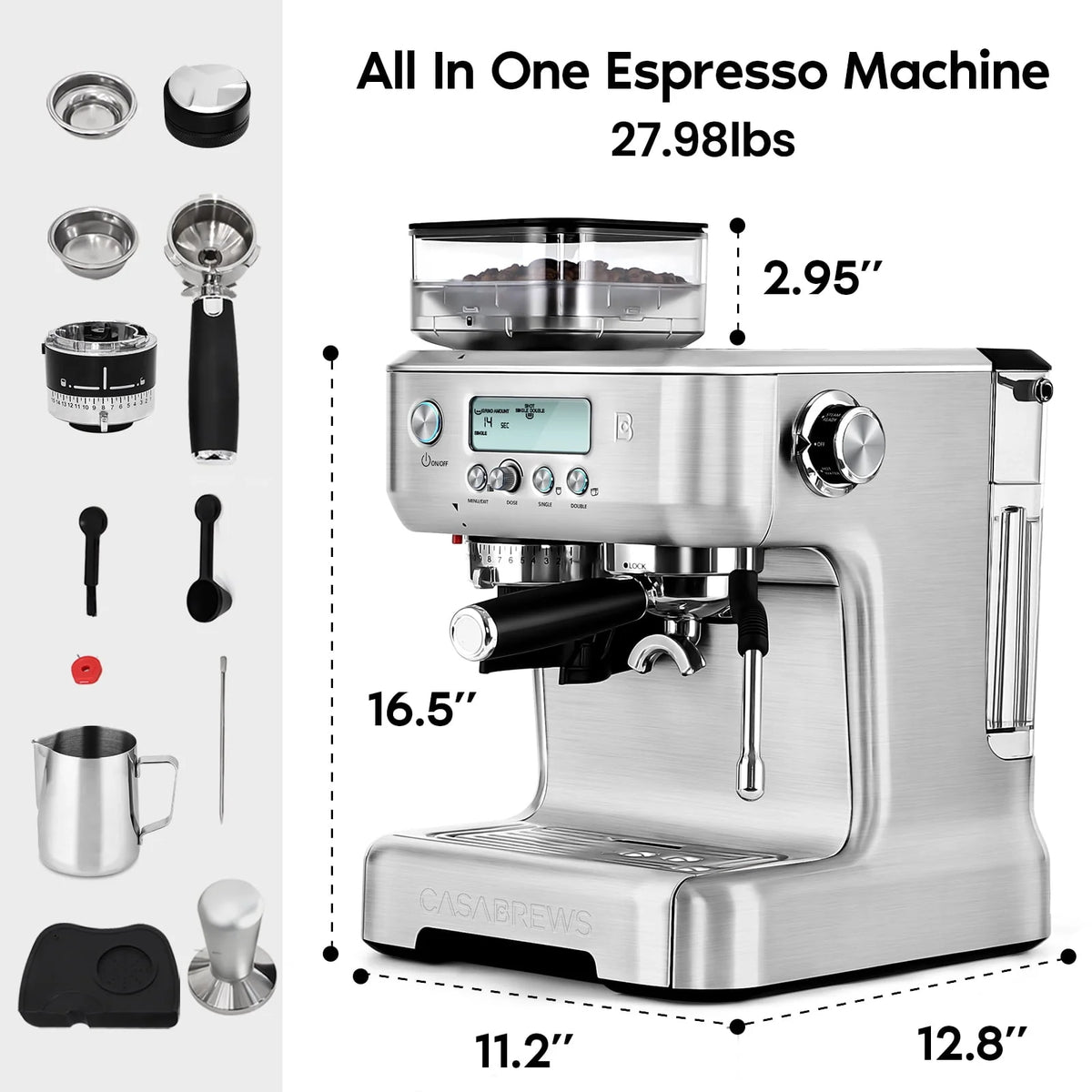 20 Bar Espresso Machine with LCD Display, 92 fl oz Water Tank, Silver F8497