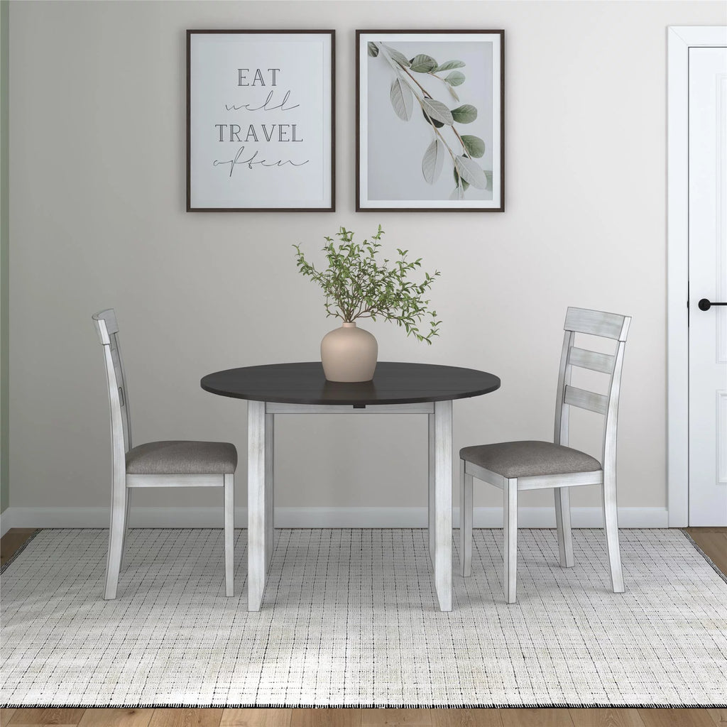 3-Piece Drop Leaf Wood Dining Set with Round Table and 2 Chairs I100220