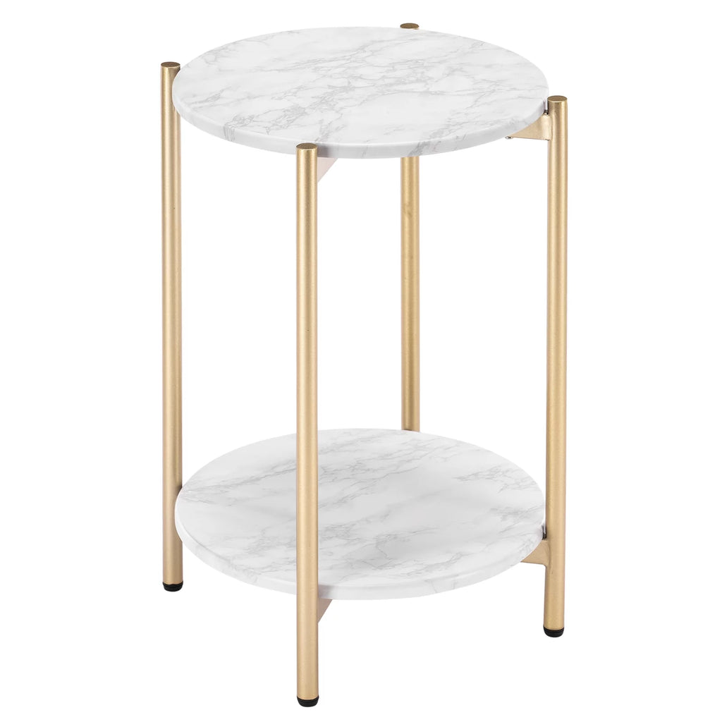 Gold White 2-Tier Round Faux Marble End Table C8291