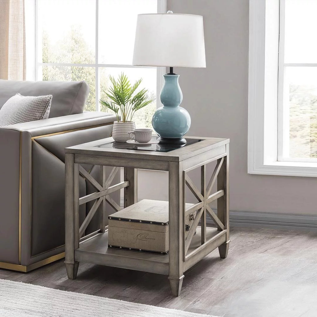 Solid Wood and Tempered Glass Top End Table N8997