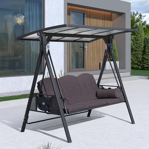Outdoor Patio Porch Swing with Adjustable PVC Canopy, 3-seat Swing Chair Bench with Side Cup Holder, Cushions and Pillow Included, Grey G861