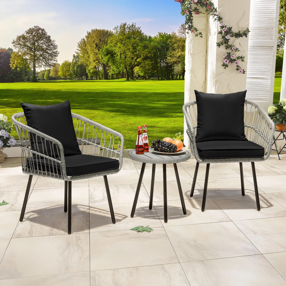 3 Pieces Outdoor Wicker Sofas Rattan Chairs with Gray Cushion and Rattan Coffee Table J322