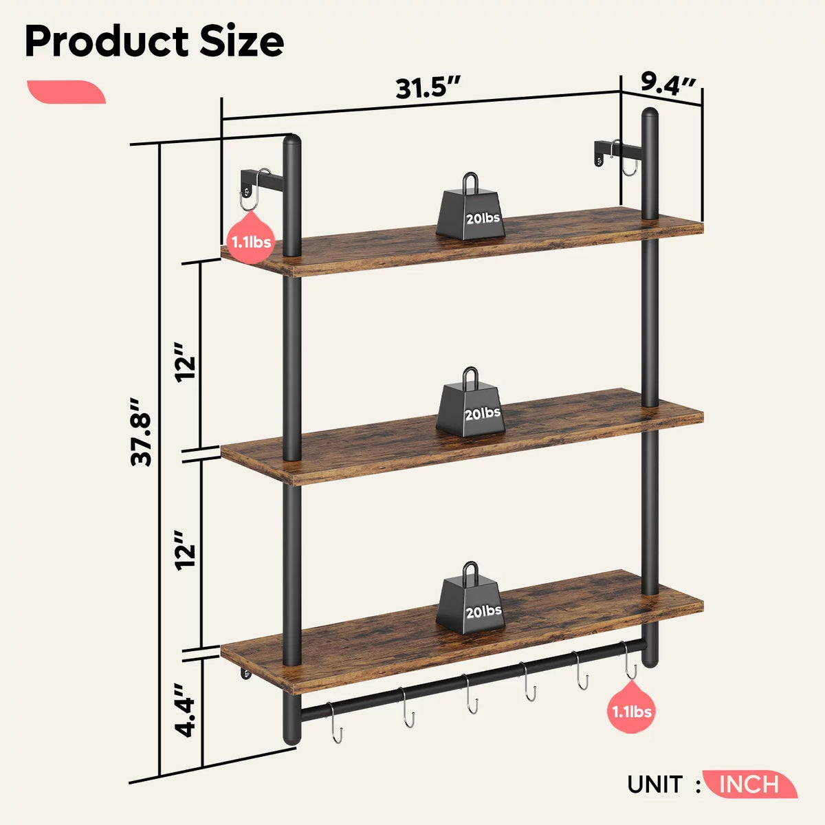 31" 3-Tier Floating Wall Shelves Rustic Brown U656