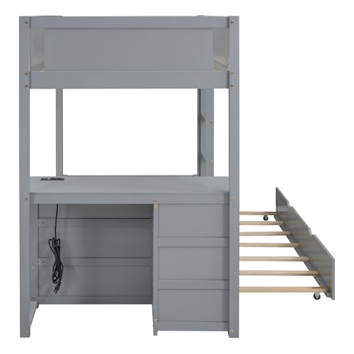 White Wood Twin Over Twin Bunk Bed with Trundle E55790