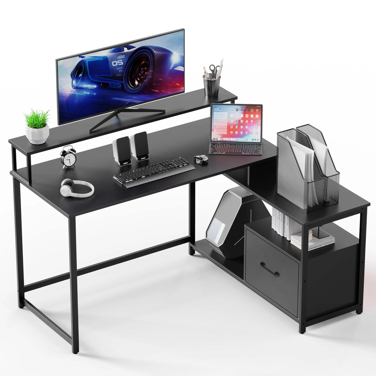 L-Shaped Computer Desk with File Drawer and Monitor Shelf A9340