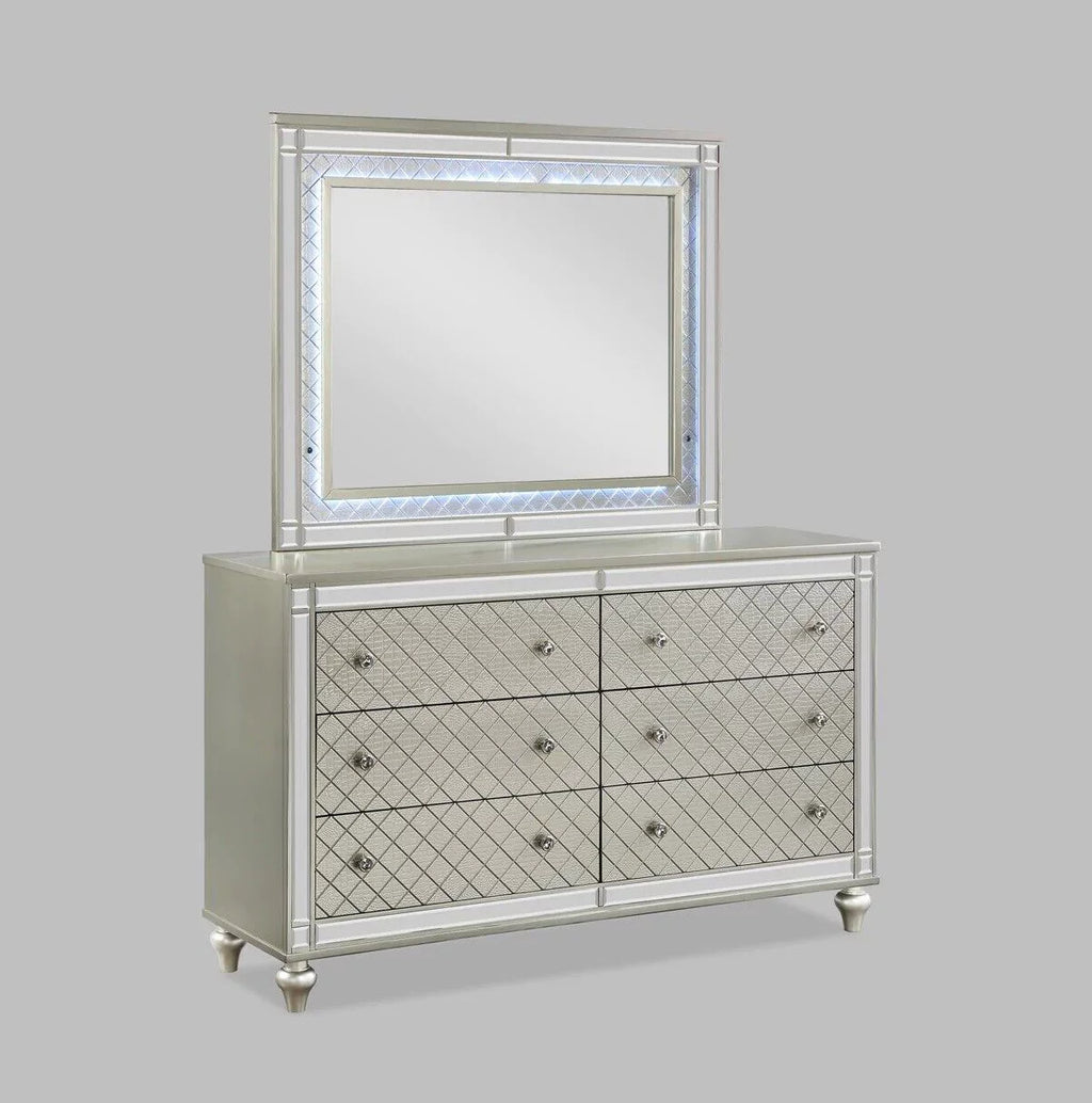 6pc Queen Size Upholstery LED Bed Dresser Mirror Nightstand Chest Wooden Bedroom Furniture Set E7814