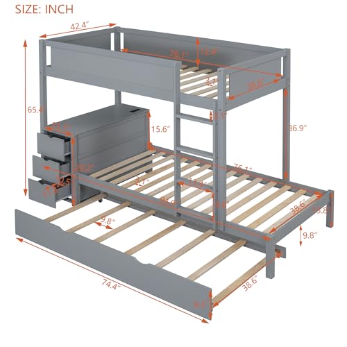 White Wood Twin Over Twin Bunk Bed with Trundle E55790