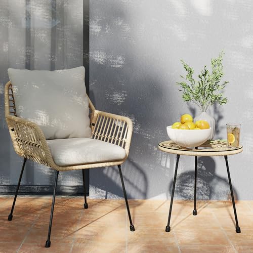 Blue 3 Pieces Upholstered Rattan Patio Bistro Set with Coffee Table J105997