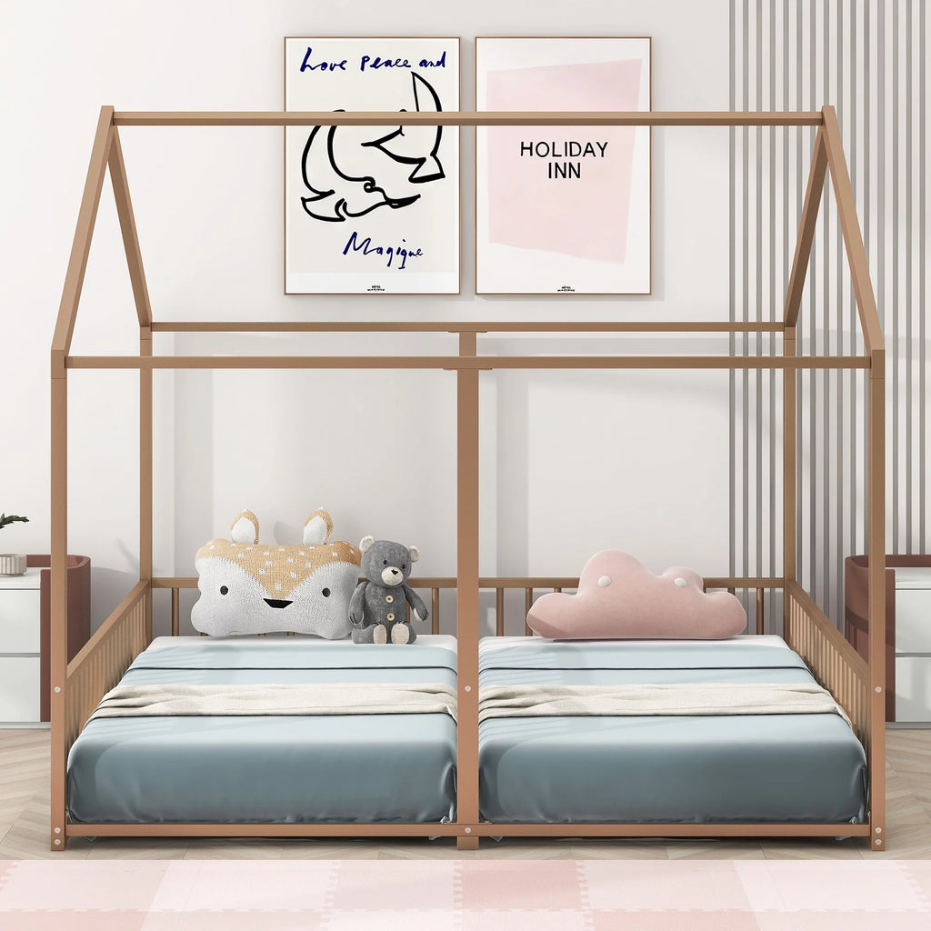Twin Size Metal House Bed with Guardrails C397