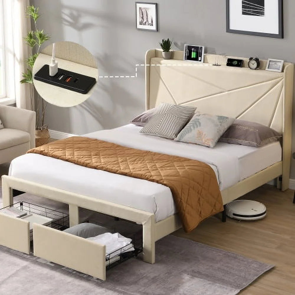 Full Size Upholstered Bed Frame with 2 Storage Drawers and USB Charging Q204827
