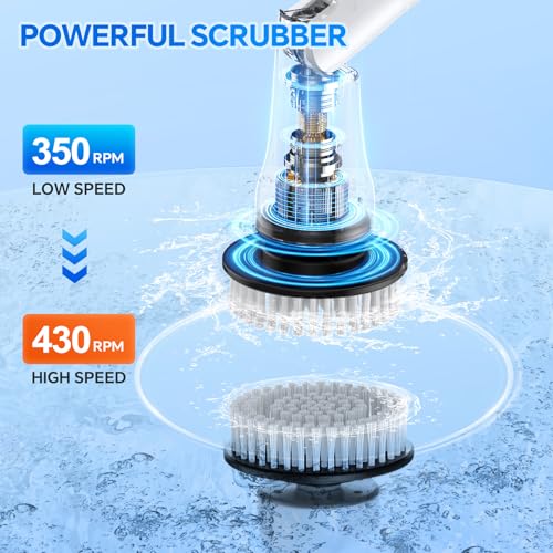 Electric Spin Scrubber with Long Handle, IPX7 Waterproof Cordless Cleaning Brush, 7 Replaceable Brush Heads, 2 Speeds J387586